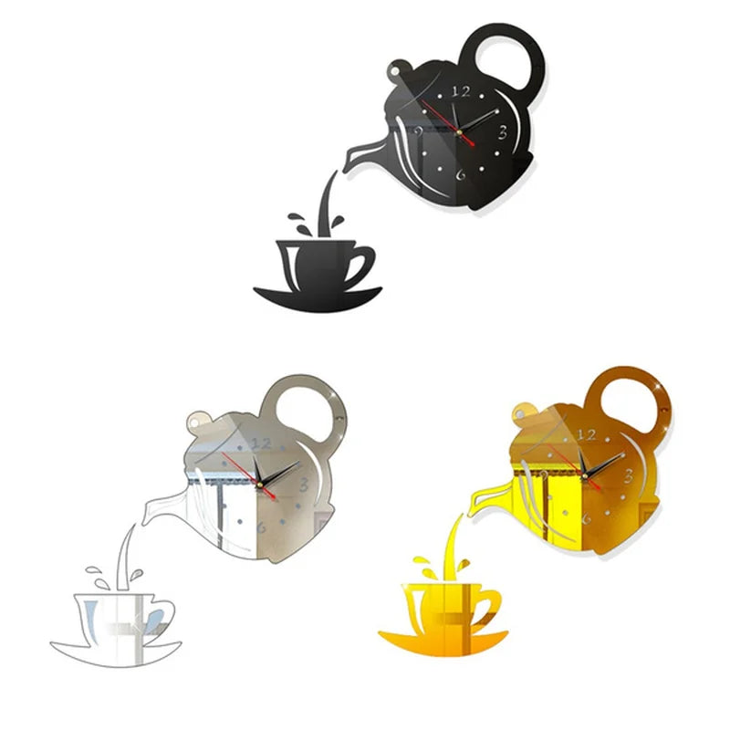 3D Teapot Shape Acrylic Mirror Clock - DIY Wall Sticker
