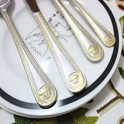 Vintage Western Gold Plated Dinnerware Dinner Fork Knife Set Golden Cutlery