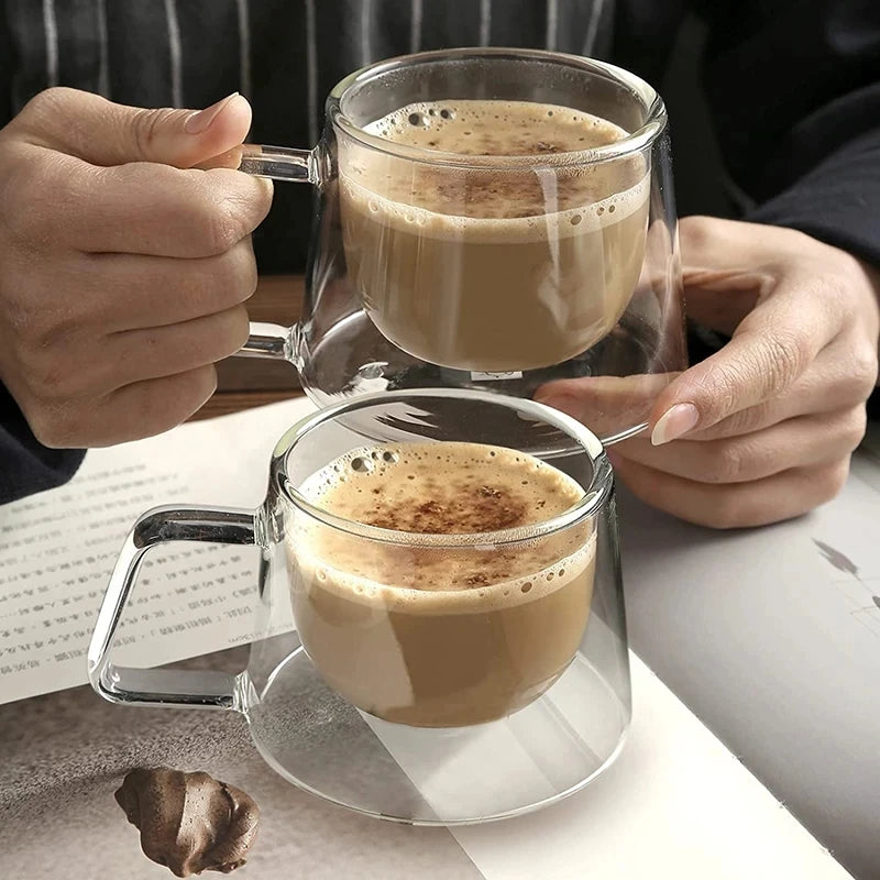 Double Wall Insulated Glass Coffee Mugs with Handle - 180ml