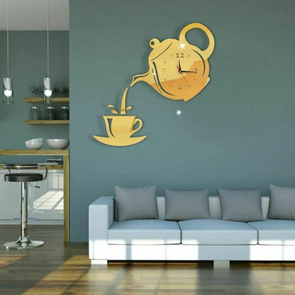 3D Teapot Shape Acrylic Mirror Clock - DIY Wall Sticker