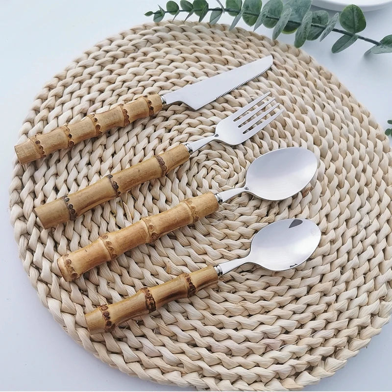 Stainless Steel Dinnerware Set with Bamboo Handle - Nature-Themed Cutlery (16/24/32 Pieces)