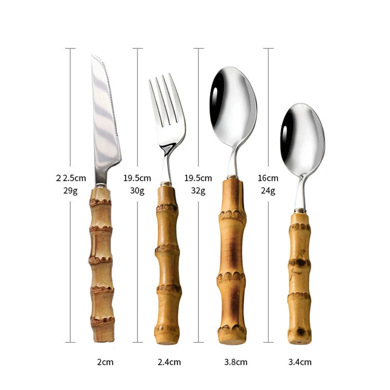 Stainless Steel Dinnerware Set with Bamboo Handle - Nature-Themed Cutlery (16/24/32 Pieces)