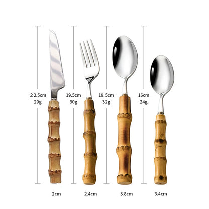 Stainless Steel Dinnerware Set with Bamboo Handle - Nature-Themed Cutlery (16/24/32 Pieces)