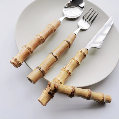 Stainless Steel Dinnerware Set with Bamboo Handle - Nature-Themed Cutlery (16/24/32 Pieces)