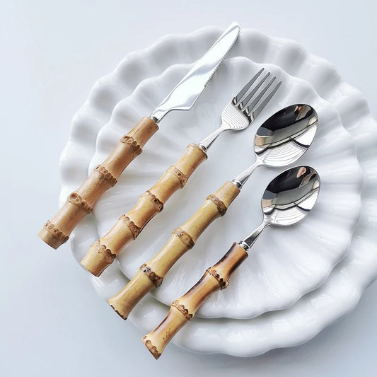 Stainless Steel Dinnerware Set with Bamboo Handle - Nature-Themed Cutlery (16/24/32 Pieces)