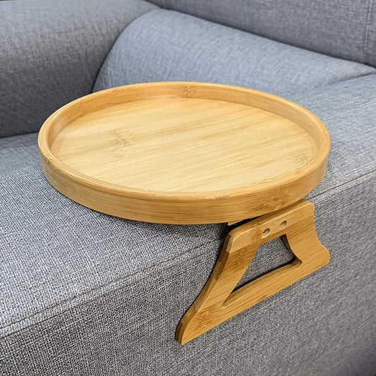 Sofa Tray Tables Woodgrain Sofa Armrest Clip-On Round Tray Foldable For Drinks Cup Bowl Phone Wooden Dessert Tea Holder 10Inches