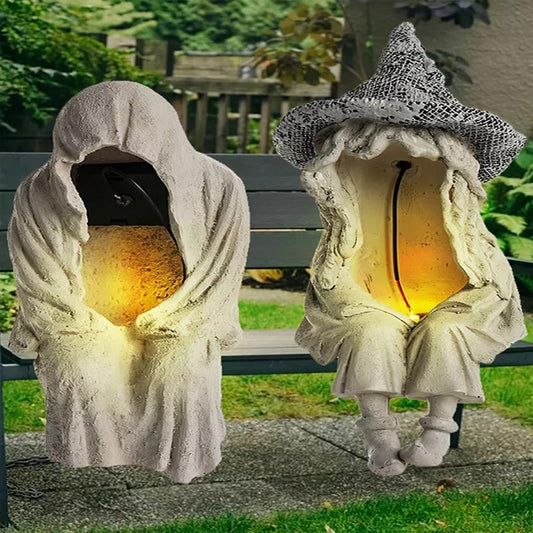Solar Witch Ghoul Light Halloween Decoration LED Ghost Light Resin Ornaments Garden Decoration Statues For Halloween Festival